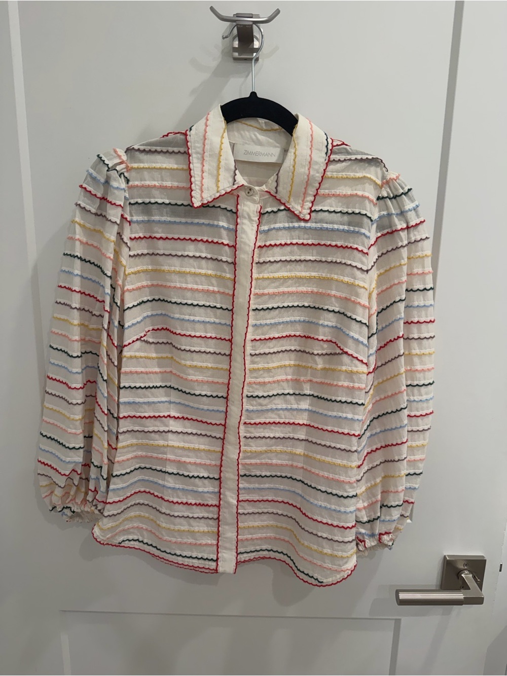 Zimmermann Cream Button-Down Shirt with Multicolor Rickrack Stripes Size 0